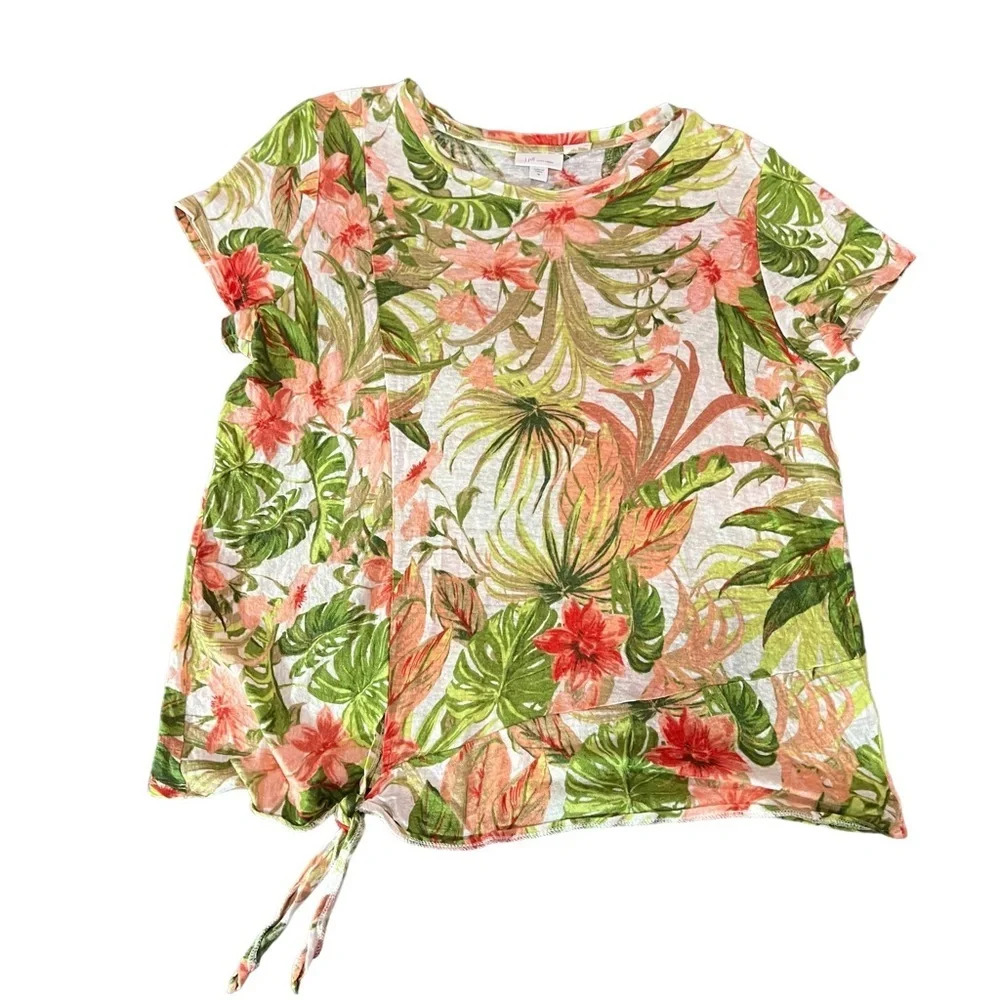 J. Jill Love Linen‎ Tee Tropical Print Tie Front Size Medium